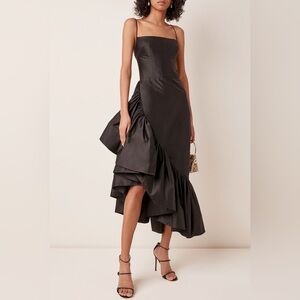 NWT Rasario Ruffled Asymmetric Silk Shantung Midi Dress Black IT 36 (US 0)